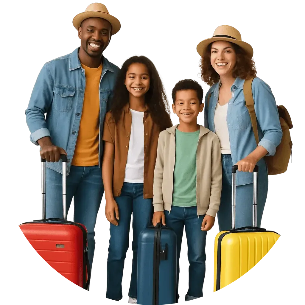 Une famille avec ses valises, prête pour un long séjour au Stanley